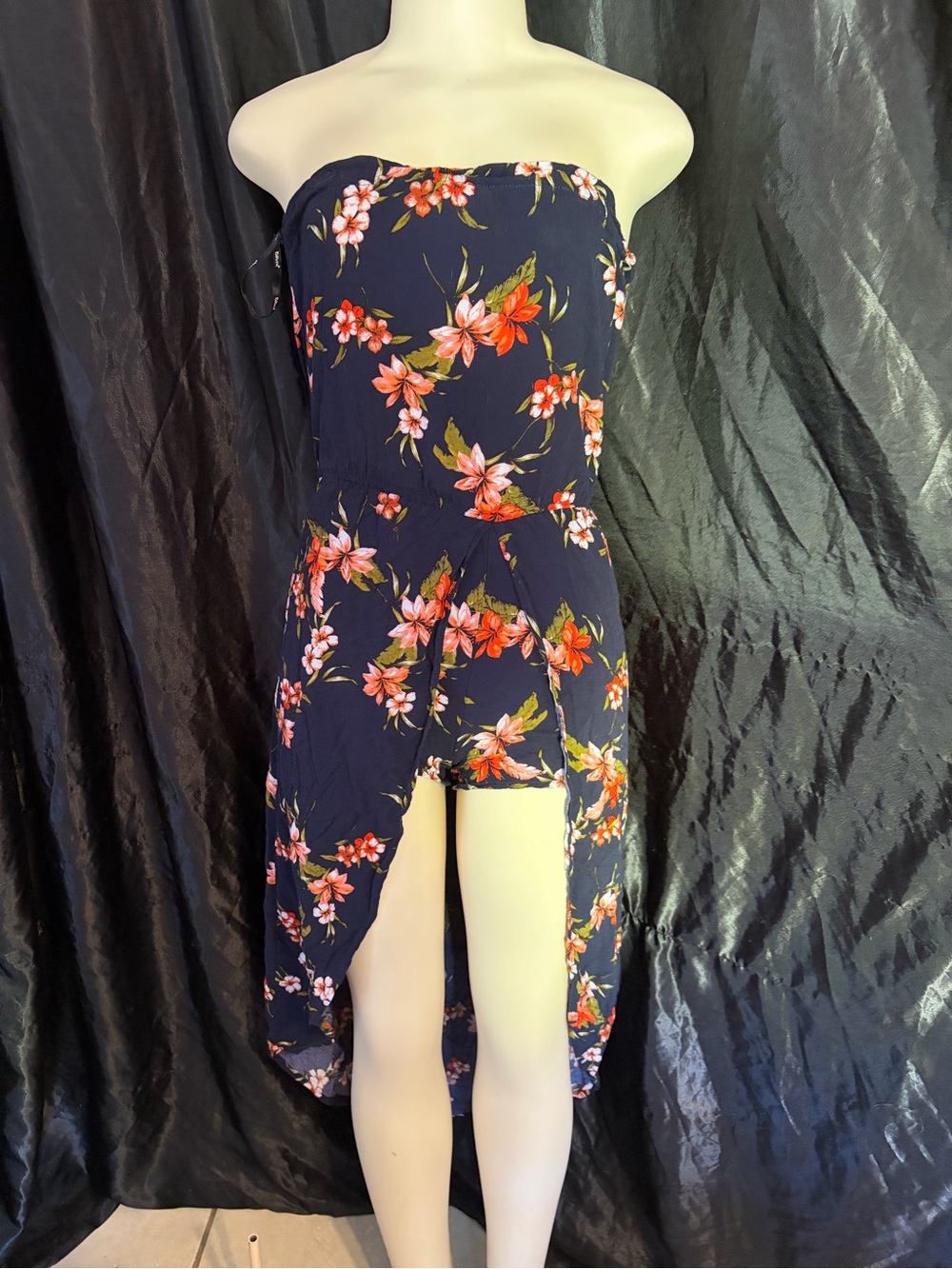 Papaya Navy Strapless Floral Romper with High-Low Skirt Overlay